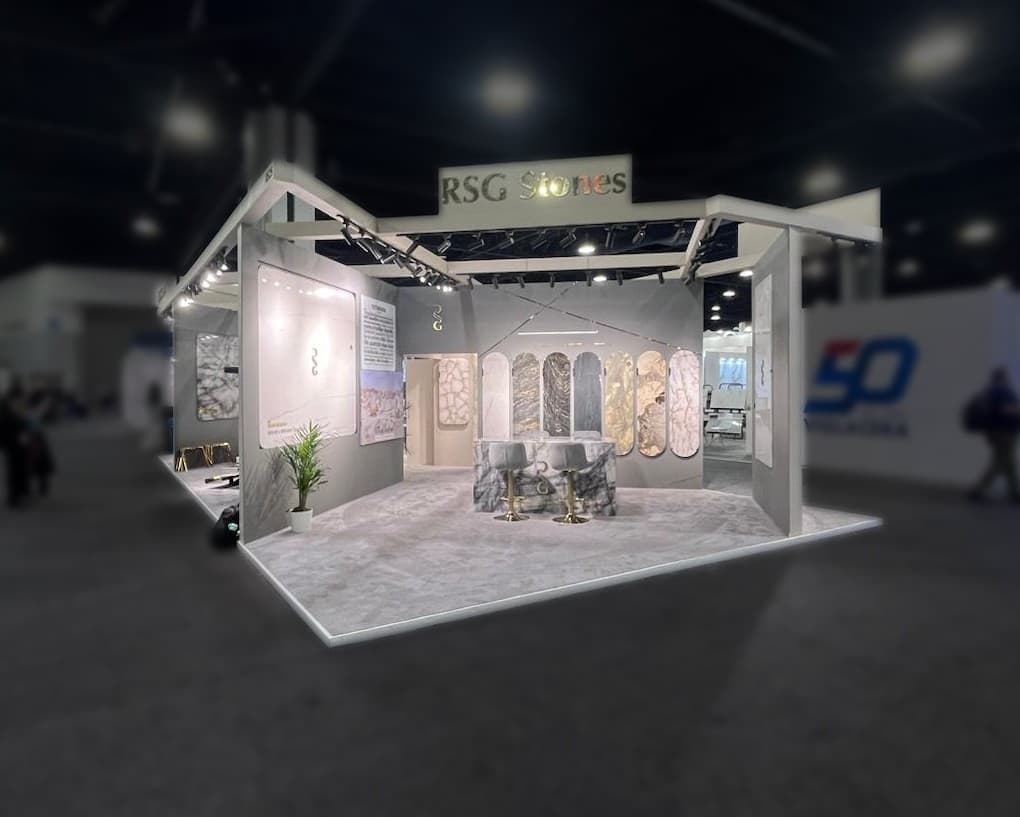 Madrid fuar standı referansı — RSG Stones Coverings doğal taş fuarı standı